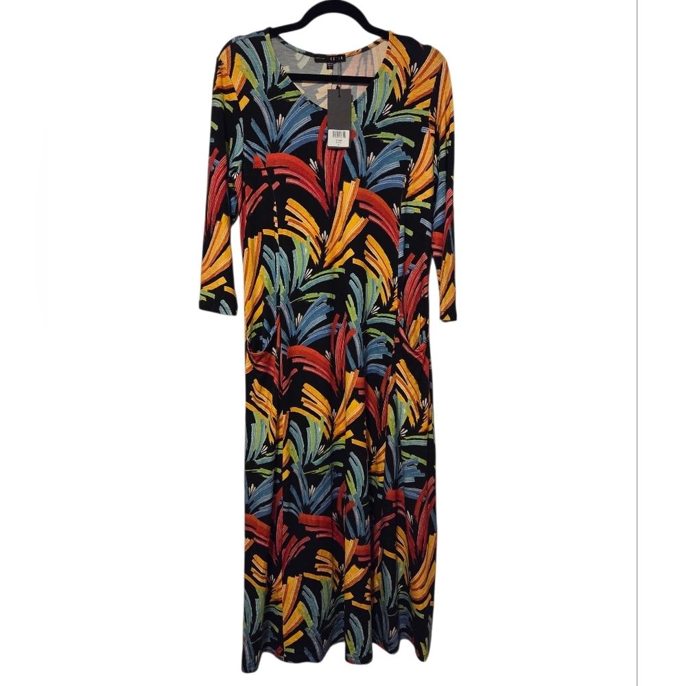 NWT Kozan Colorful‎ Artsy Stretch Swing Dress Pockets Women's Size Small Blaze